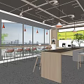 Modern Office Break Room With Large Windows City View Wooden Counter And Green Plants