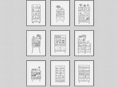 Black and White Framed Wall Art with Shelf Line Drawings in Nine Grid Layout 3d model
