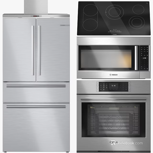Modern Kitchen Appliances In Stainless Steel Featuring Refrigerator Microwave And Oven 3d model 