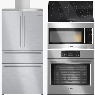 Modern Kitchen Appliances In Stainless Steel Featuring Refrigerator Microwave And Oven 3d model