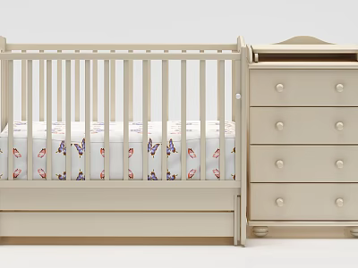 Light Colored Baby Crib With Butterfly Patterned Sheets And Matching Dresser 3d model