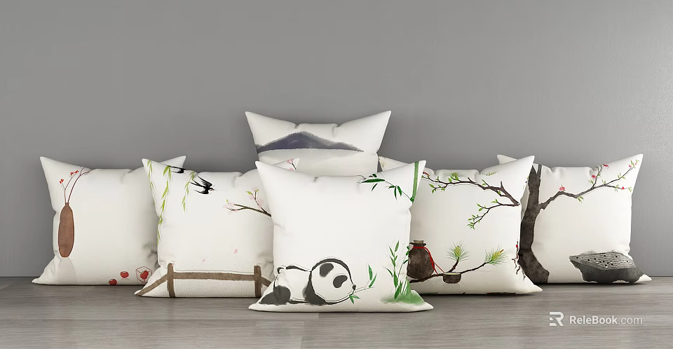 Decorative Pillows With Panda Bamboo Bird Branch And Mountain Prints 3d model
