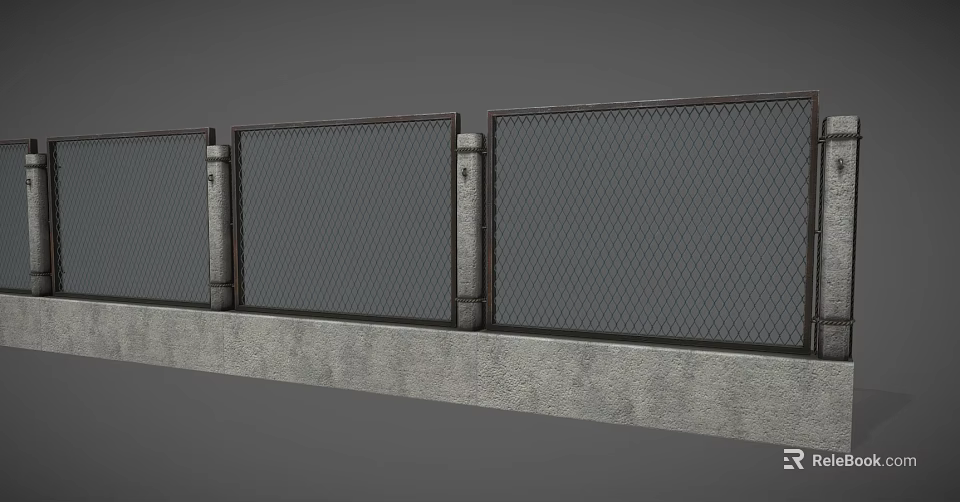 Sturdy Metal Mesh Fence Structure With Concrete Base And Iron Posts 3d model 