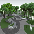 Park Landscape With Winding Paths Green Lawns Trees And Seating Areas 3d model