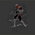 Sci Fi Fantasy Warrior With Red Gray Armor And Dual Spears Surrounded By Smoke Effects