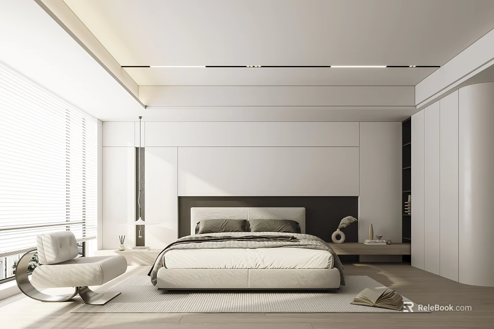 Modern Minimalist Bedroom Interior Design With White Headboard Window Blinds Natural Light And Wardrobe 3d model 
