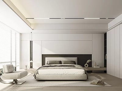 Modern Minimalist Bedroom Interior Design With White Headboard Window Blinds Natural Light And Wardrobe 3d model