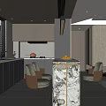 Modern Restaurant Open Kitchen Interior Design With Marble Counter Dining Chairs And Flowers