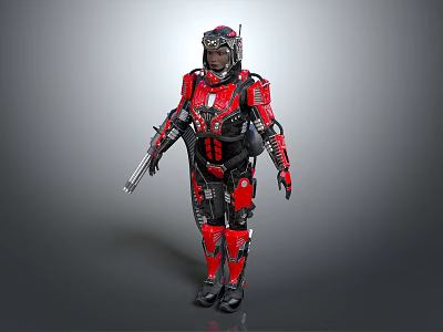 Detailed Humanoid Armored Character In Red And Black Mechanical Suit Holding Gun 3d model