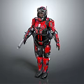 Detailed Humanoid Armored Character In Red And Black Mechanical Suit Holding Gun