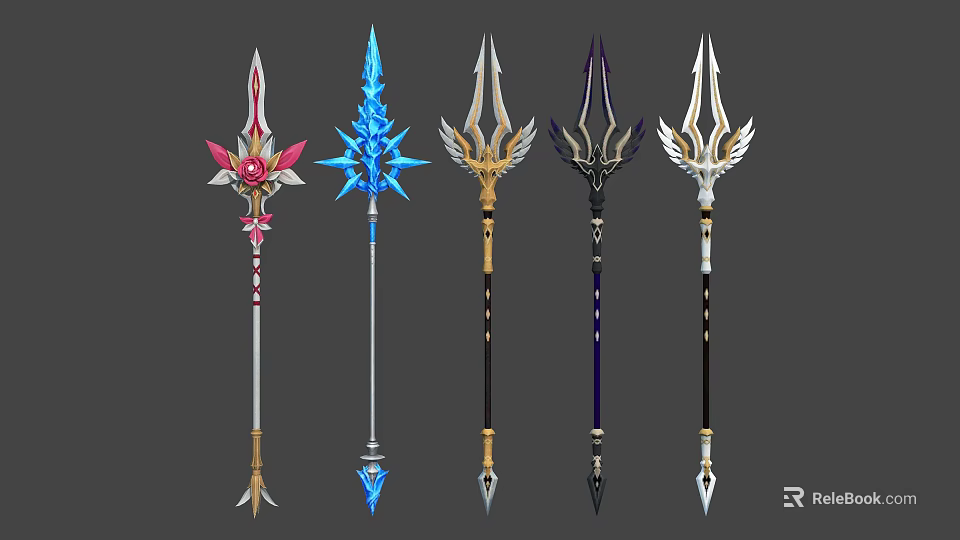 Fantasy Polearm Weapons Featuring Various Decorative Designs Colorful Shafts And Intricate Heads 3d model 