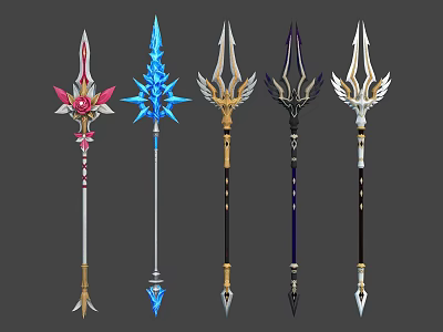 Fantasy Polearm Weapons Featuring Various Decorative Designs Colorful Shafts And Intricate Heads 3d model