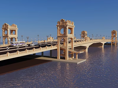 Beige Bridge with Towers and Vehicles Over Water Under Blue Sky 3d model