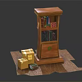Wooden Brown Bookcase With Shelves Books And Drawer Near Fragile Boxes Toy Car On Carpet