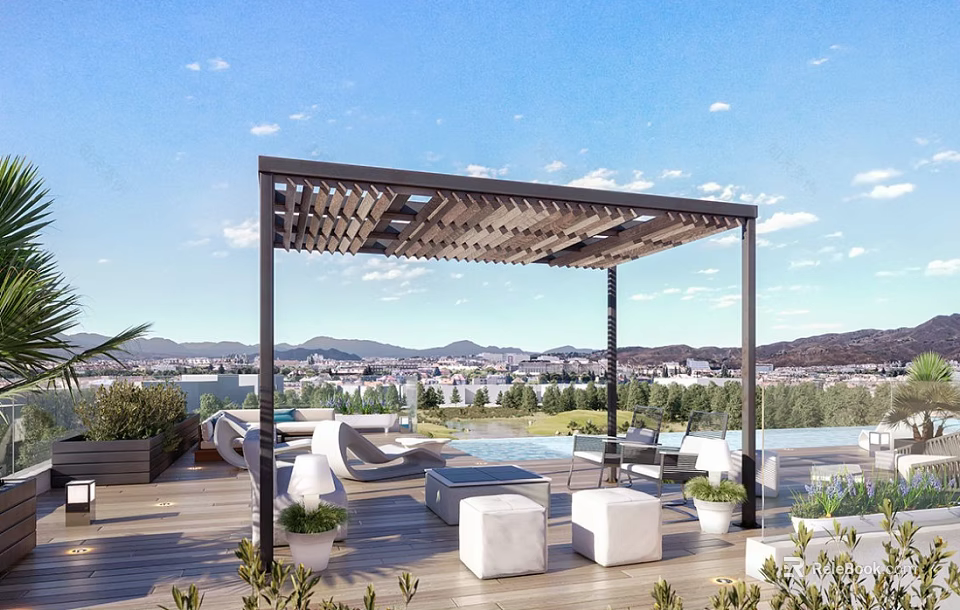 Modern Outdoor Pergola on Patio With White Sofa Green Plants City View And Mountain Backdrop 3d model 