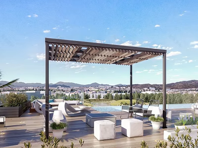 Modern Outdoor Pergola on Patio With White Sofa Green Plants City View And Mountain Backdrop 3d model
