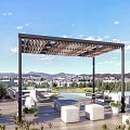 Modern Outdoor Pergola on Patio With White Sofa Green Plants City View And Mountain Backdrop