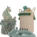 Green Dragon Stuffed Toys on Drum Container and Wicker Basket with Tassels Pom Poms