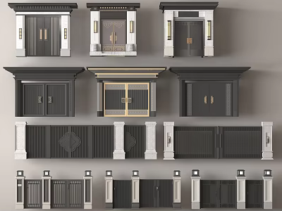 Modern Chinese Style Black And Gold Entrance Gates With Carved Patterns And Pillars 3d model