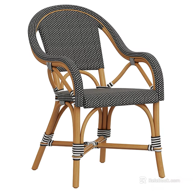 Stylish Single Chair With Wooden Frame Rattan Black White Polka Dot Upholstery And Striped Straps 3d model 