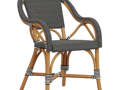Stylish Single Chair With Wooden Frame Rattan Black White Polka Dot Upholstery And Striped Straps 3d model