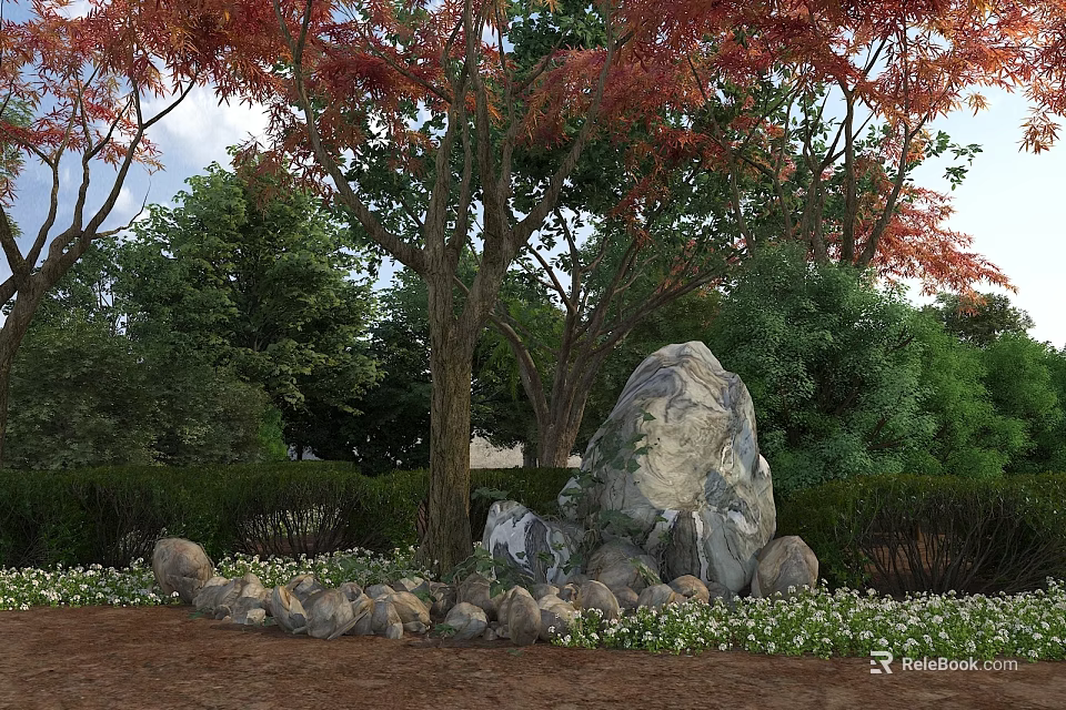 Garden with Lush Green Shrubs Red Leaf Trees Large Rock Small Stones and White Flowers 3d model 