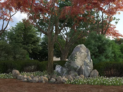 Garden with Lush Green Shrubs Red Leaf Trees Large Rock Small Stones and White Flowers 3d model