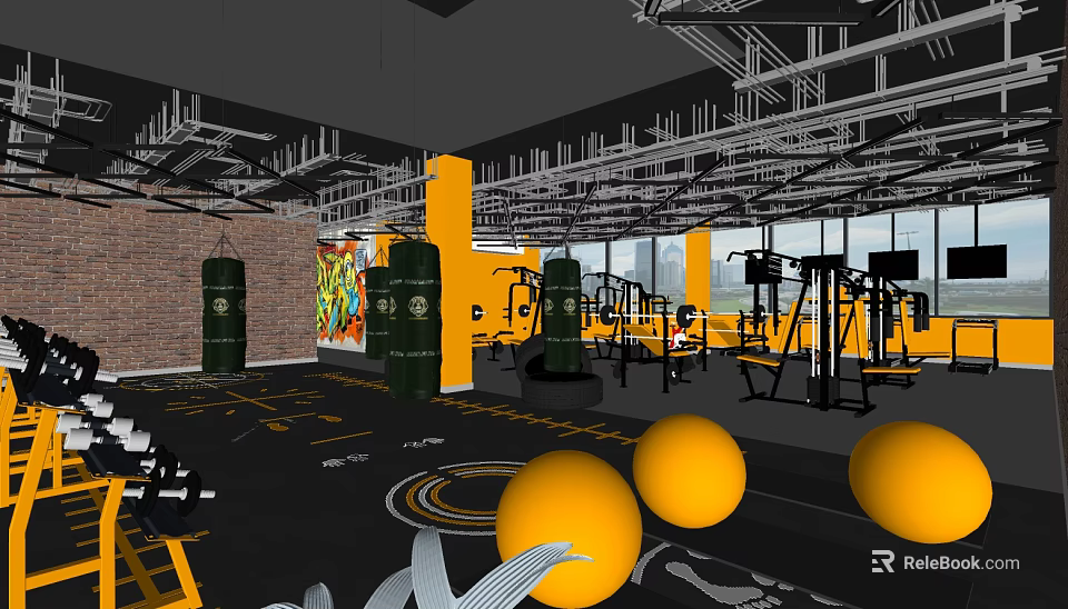 Gym Interior With Fitness Equipment Punching Bags Yellow Exercise Balls And Brick Wall Windows 3d model 