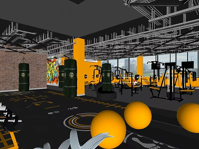 Gym Interior With Fitness Equipment Punching Bags Yellow Exercise Balls And Brick Wall Windows 3d model