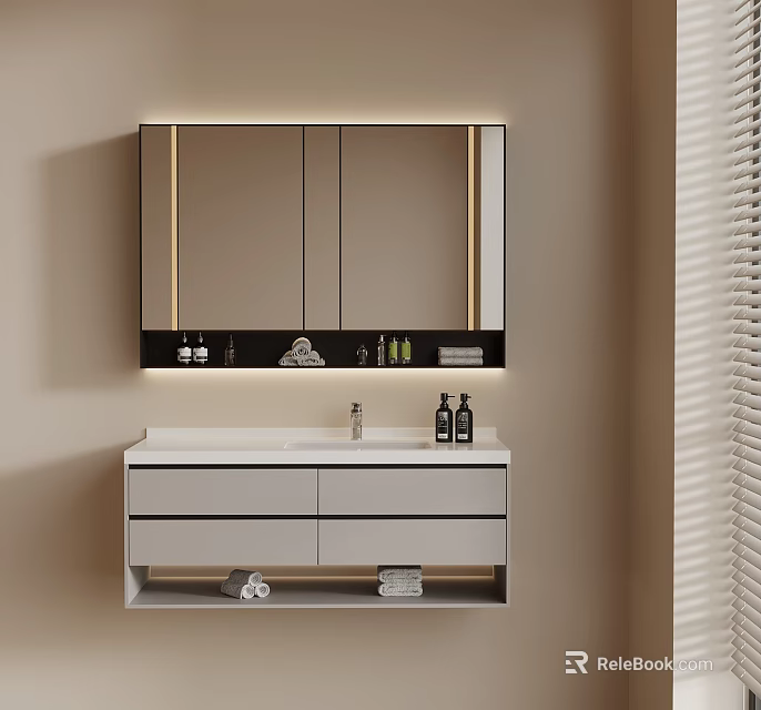 Modern Bathroom Vanity Design Featuring Lighted Mirror Skincare Products And Towels 3d model 