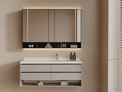 Modern Bathroom Vanity Design Featuring Lighted Mirror Skincare Products And Towels 3d model