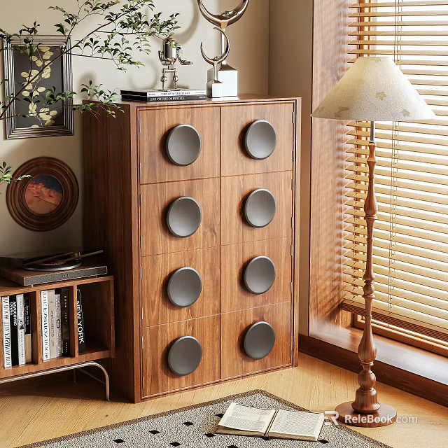 Elegant Walnut Entryway Console Cabinet With Circular Handles Table Lamp And Window View 3d model 