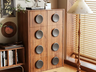 Elegant Walnut Entryway Console Cabinet With Circular Handles Table Lamp And Window View 3d model