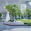 Modern Pergola Curved Structure With Trees Lawn And Bench Against Residential Building View