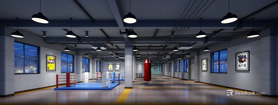 Indoor Sports Fitness Training Space With Boxing Ring And Red Punching Bag 3d model 