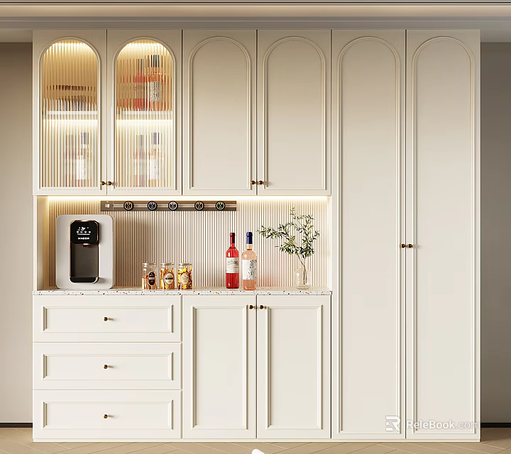 White Modern Wine Cabinet With Glass Doors Interior Lighting Coffee Machine And Decorative Bottles 3d model 
