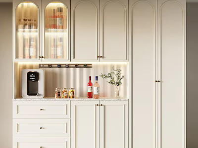 White Modern Wine Cabinet With Glass Doors Interior Lighting Coffee Machine And Decorative Bottles 3d model
