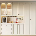 White Modern Wine Cabinet With Glass Doors Interior Lighting Coffee Machine And Decorative Bottles