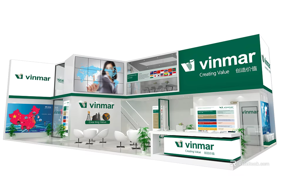Vinmar Exhibition Booth With Two Story Design Staircase Reception Desk White Chairs And Green Plants 3d model 