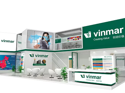 Vinmar Exhibition Booth With Two Story Design Staircase Reception Desk White Chairs And Green Plants 3d model
