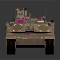Modern Military Tank With Tan Armor Red Tracks Green Equipment And Blue Lens Camera