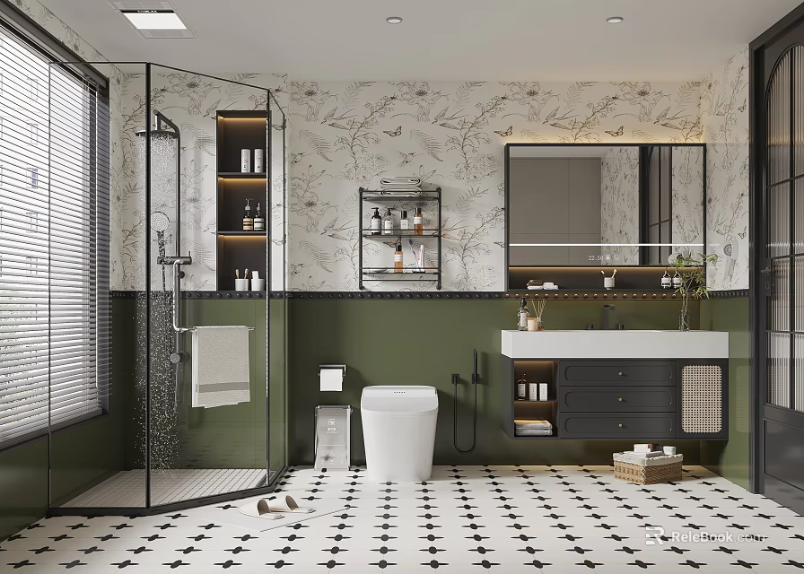 Elegant Modern Bathroom Interior Design With Marble Walls Glass Shower And Black White Tiled Floor 3d model 