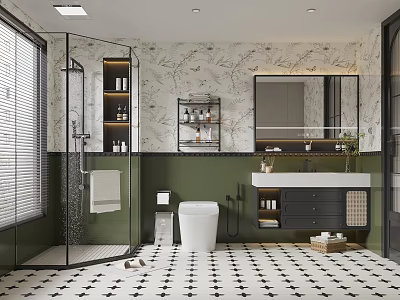 Elegant Modern Bathroom Interior Design With Marble Walls Glass Shower And Black White Tiled Floor 3d model
