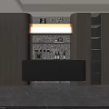 Modern Gray Sideboard Design With Open Shelves And Wine Bottles On Textured Backdrop