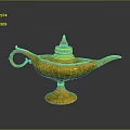 Aladdin Genie And Antique Golden Lamp With Intricate Carvings And Decorative Base