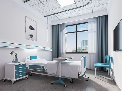 Modern Comfortable Hospital Room Interior With Bedside Table Window Chair And TV 3d model