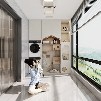 Modern Balcony With Woman Holding Cat Washing Machine Pet Supplies And Scenic View 3d model