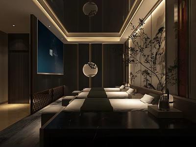 Luxurious SPA Sauna Interior With Comfortable Massage Beds And Decorative Plants 3d model