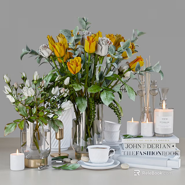 Elegant Home Decor Ornament Set With Fresh Flowers Vases Candles And Books 3d model 