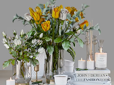 Elegant Home Decor Ornament Set With Fresh Flowers Vases Candles And Books 3d model